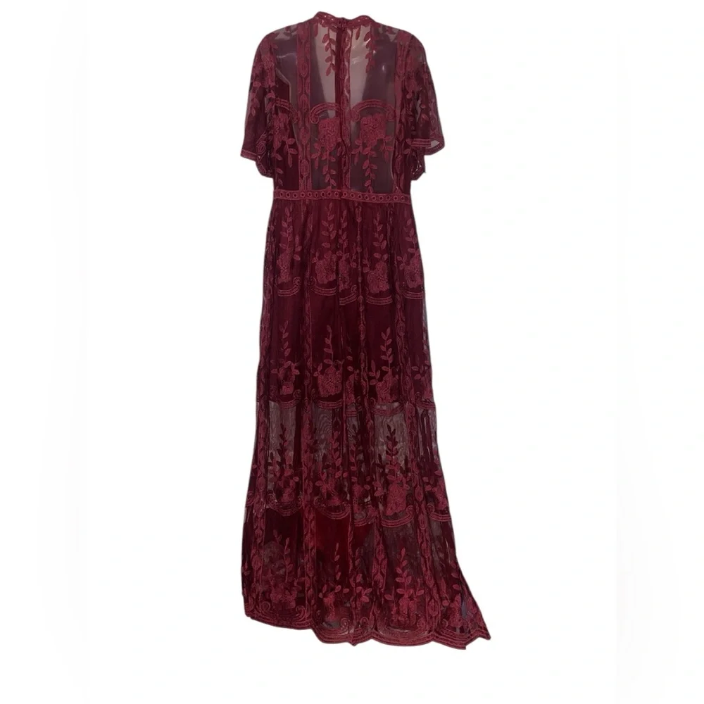 BELLA ELLA BOUTIQUE XL Light My Fire Deep V Neck Lace Wine Maxi Dress - Picture 4 of 16